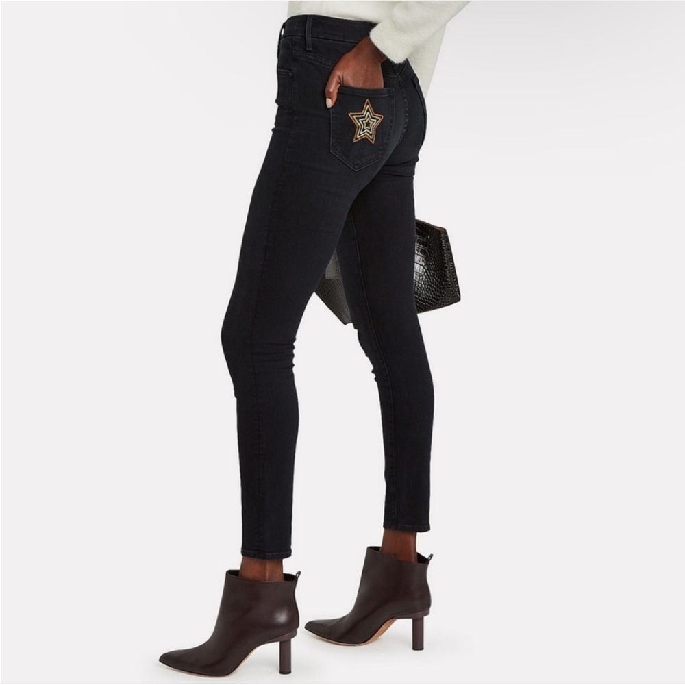 MOTHER High Waisted Looker Skinny Jeans Star Embroidered Black Size 27